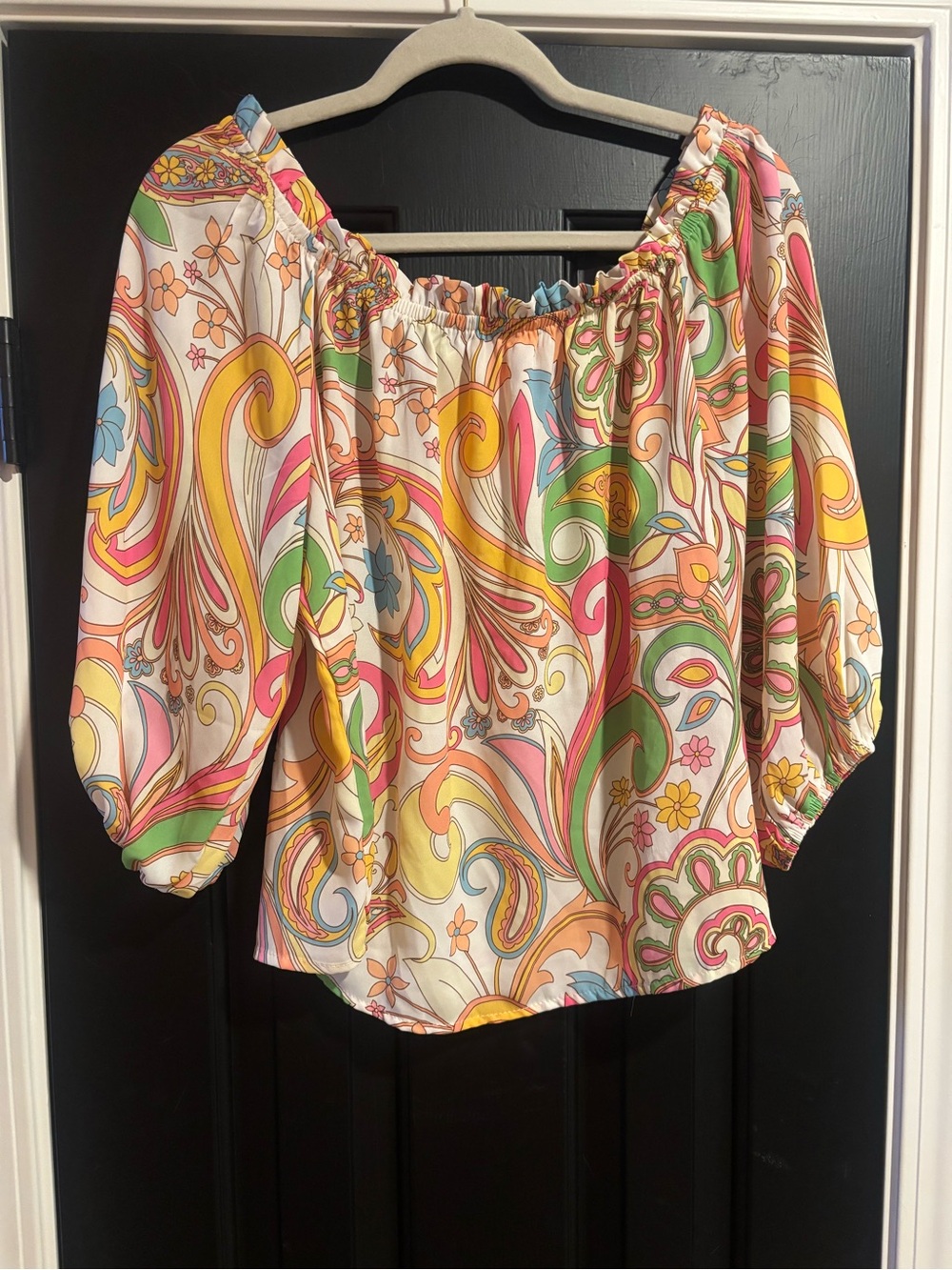 Flying Tomato Off-Shoulder Paisley Blouse in Pink, Yellow, Green and Orange
